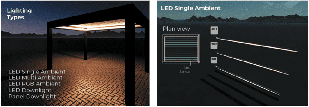 SkySlide retractable louvered pergola lighting types