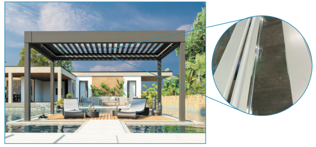 SkySlide retractable louvered pergola roof panel